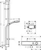 Brausesystem von Hansgrohe mit einer Brausestange, Handbrause, Thermostat und Halterung. Graphische Darstellung mit Maßen und Anschlüssen auf einem technischen Plan.